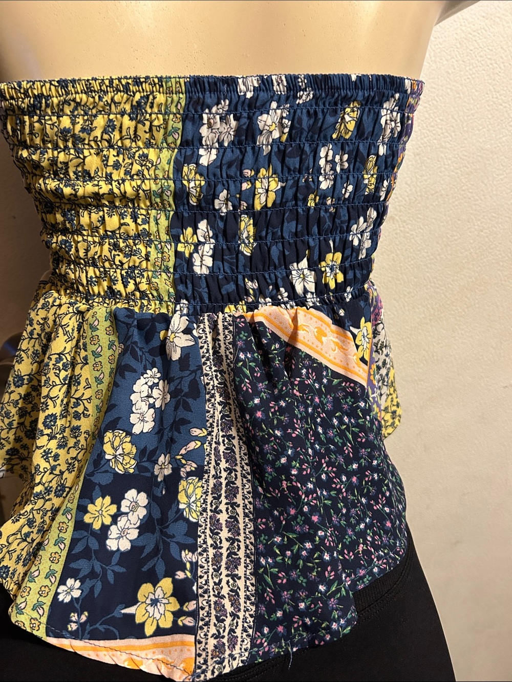 Sienna Sky Navy Yellow Patchwork Smocked Strapless Crop Top - Picture 4 of 7